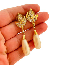 Load image into Gallery viewer, Vtg gold rhinestone pearl drop earrings designer runway
