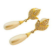 Load image into Gallery viewer, Vtg gold rhinestone pearl drop earrings designer runway

