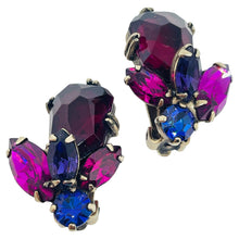 Load image into Gallery viewer, WEISS signed silver tone ruby sapphire fuchsia glass designer clip on earrings
