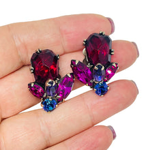 Load image into Gallery viewer, WEISS signed silver tone ruby sapphire fuchsia glass designer clip on earrings
