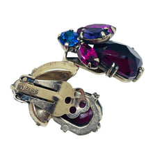Load image into Gallery viewer, WEISS signed silver tone ruby sapphire fuchsia glass designer clip on earrings

