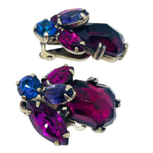 Load image into Gallery viewer, WEISS signed silver tone ruby sapphire fuchsia glass designer clip on earrings
