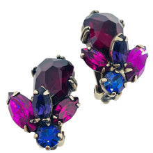 Load image into Gallery viewer, WEISS signed silver tone ruby sapphire fuchsia glass designer clip on earrings
