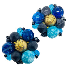 Load image into Gallery viewer, WESTERN GERMANY signed vintage gold tone blue beaded cluster clip on earrings
