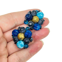 Load image into Gallery viewer, WESTERN GERMANY signed vintage gold tone blue beaded cluster clip on earrings
