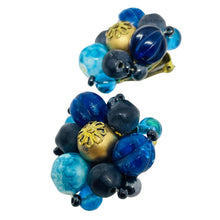 Load image into Gallery viewer, WESTERN GERMANY signed vintage gold tone blue beaded cluster clip on earrings
