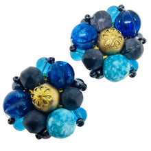 Load image into Gallery viewer, WESTERN GERMANY signed vintage gold tone blue beaded cluster clip on earrings
