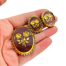 Load image into Gallery viewer, WHITING &amp; DAVIS signed gold glass designer clip on earrings brooch set
