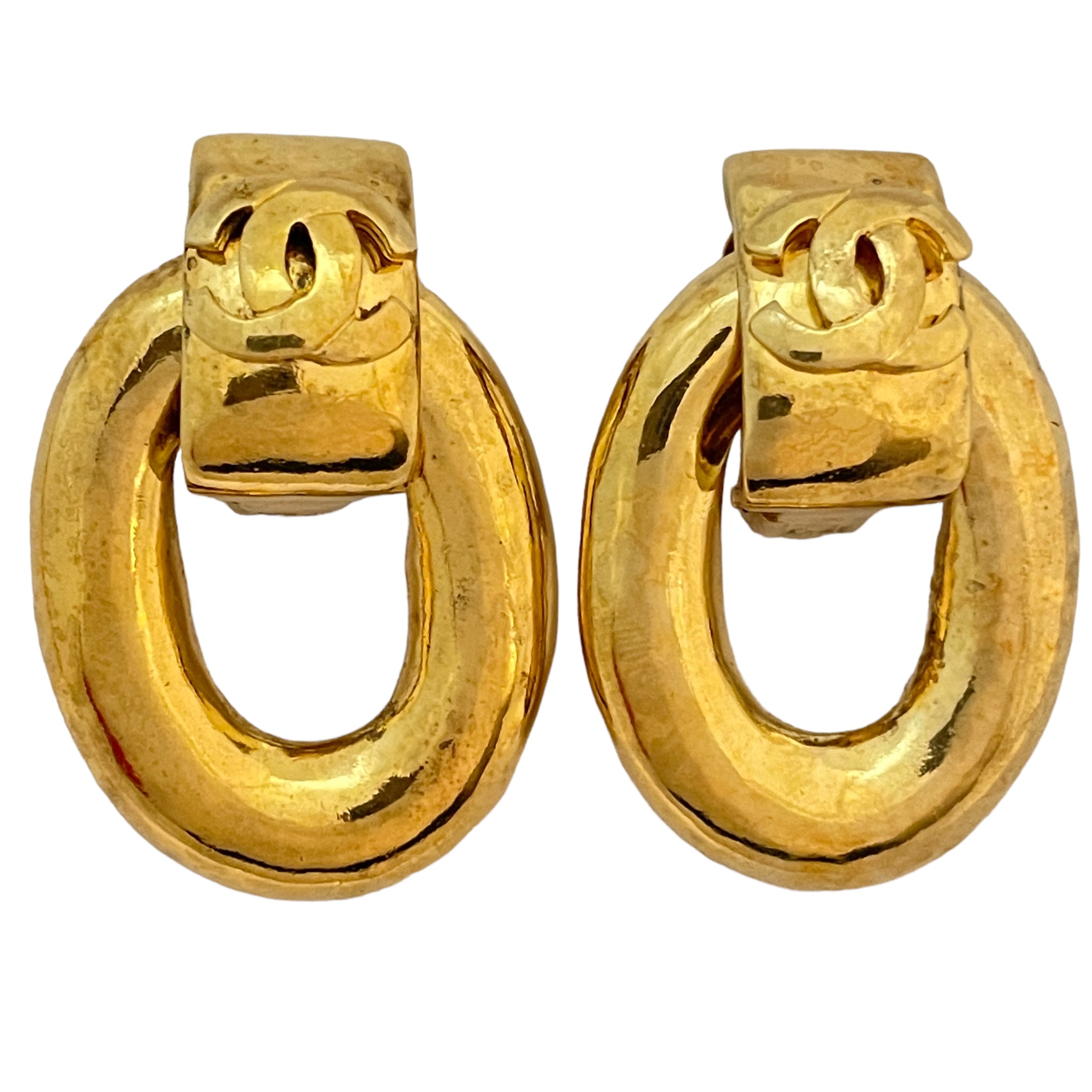 Vintage CHANEL CC logo door knocker signed gold designer runway clip on  earrings