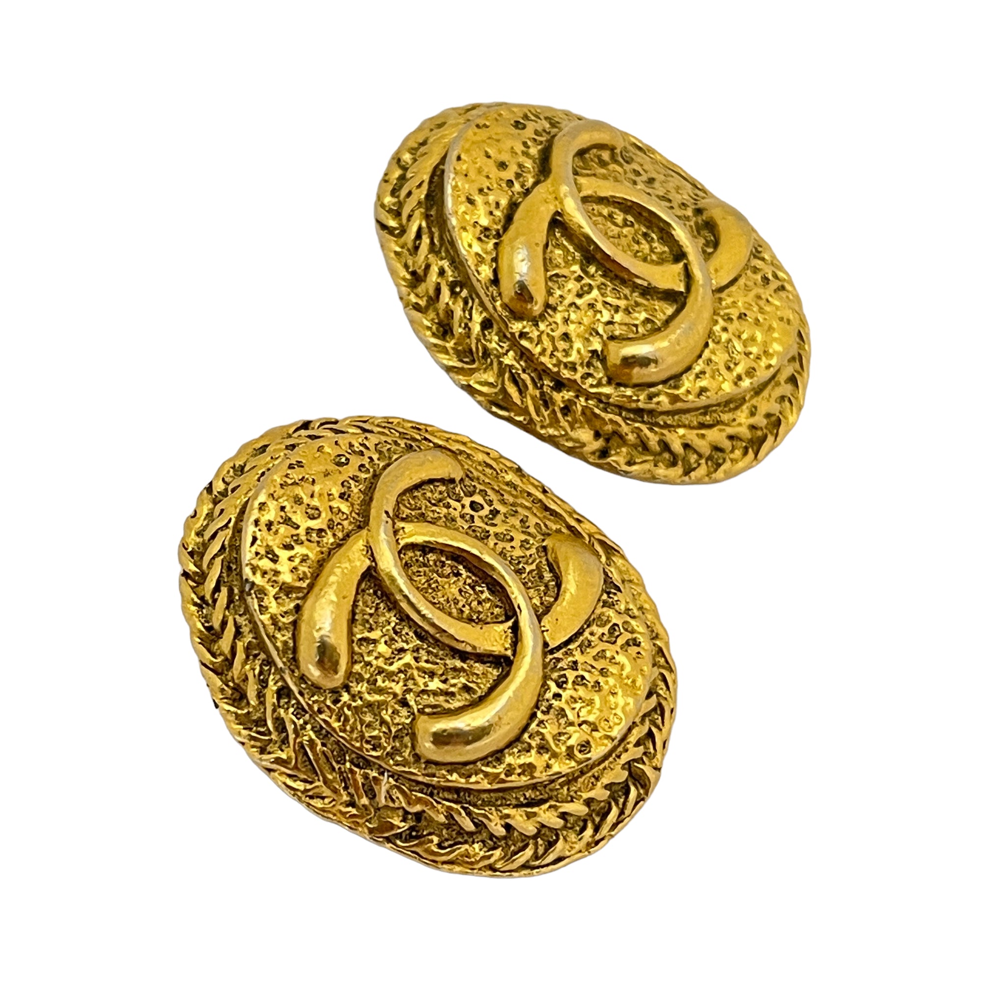 Vintage Chanel CC Logo Signed Gold Designer Runway Clip on Earrings