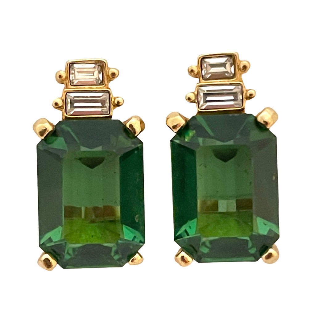 Vintage CHRISTIAN DIOR gold emerald green crystal runway earrings