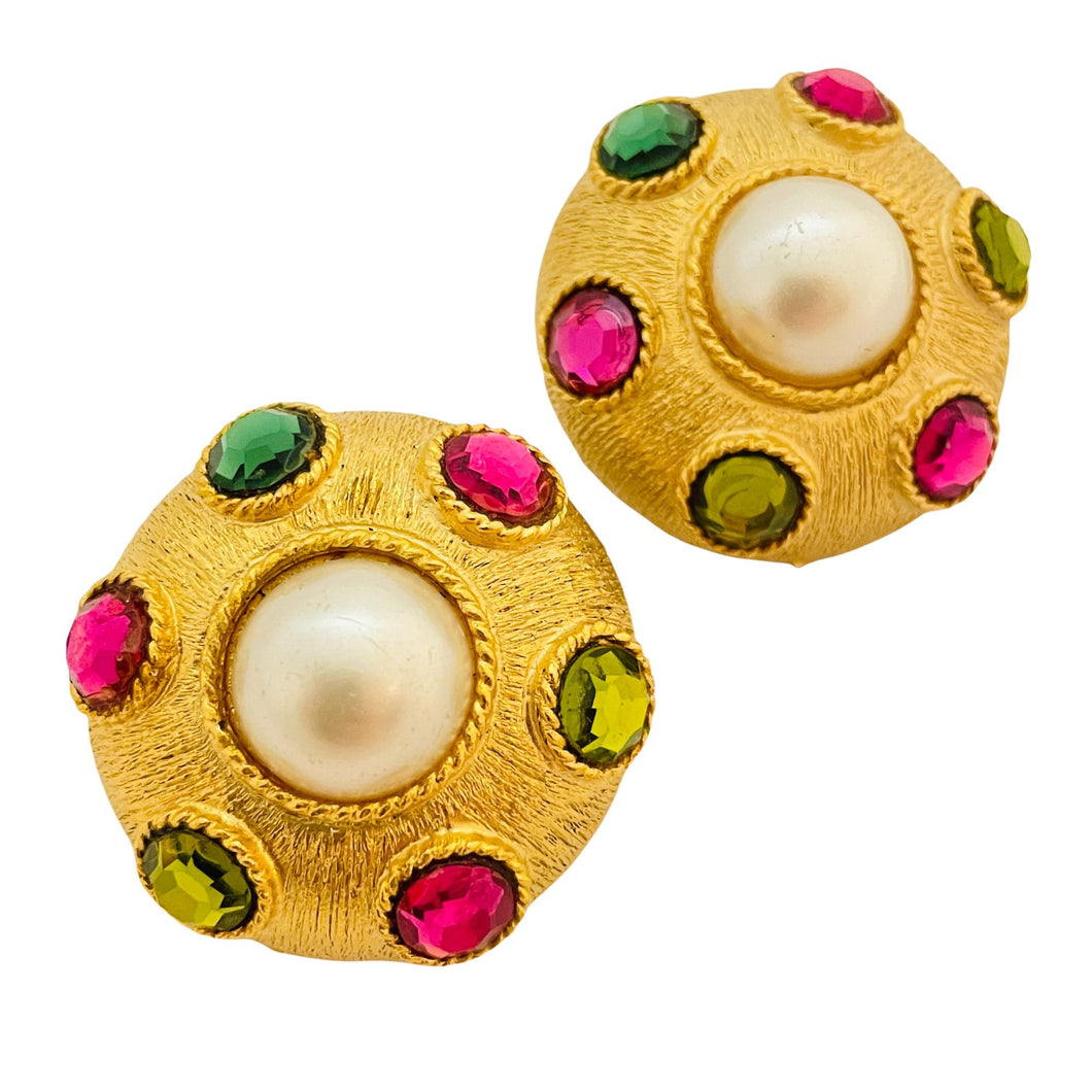 Vintage CRAFT huge gold pearl rhinestone designer runway clip on earrings