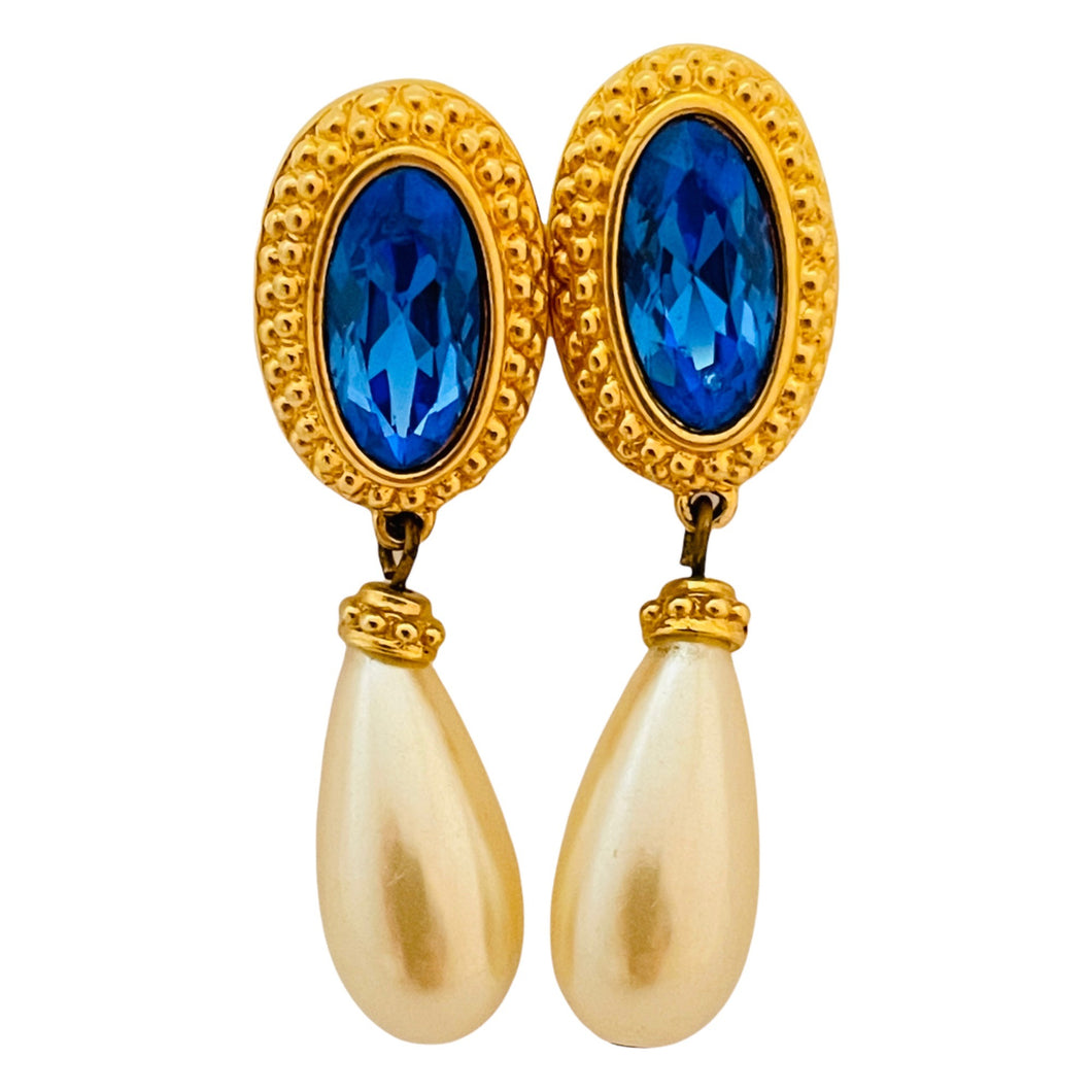 Vintage SWAROVSKI swan gold blue crystal drop pearl designer runway earrings