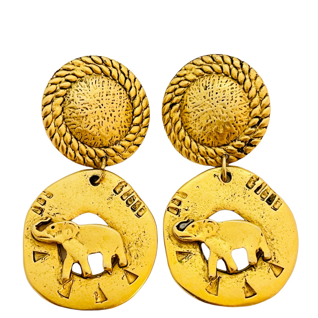 Vintage matte gold enamel dangle elephant designer runway earrings