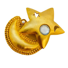 Load image into Gallery viewer, Vintage matte gold moon star rhinestone designer runway brooch
