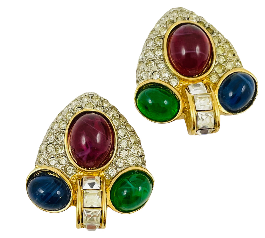 Vintage gold ruby sapphire emerald glass cabochon rhinestone designer runway clip on earrings