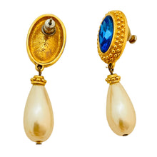 Load image into Gallery viewer, Vintage SWAROVSKI swan gold blue crystal drop pearl designer runway earrings
