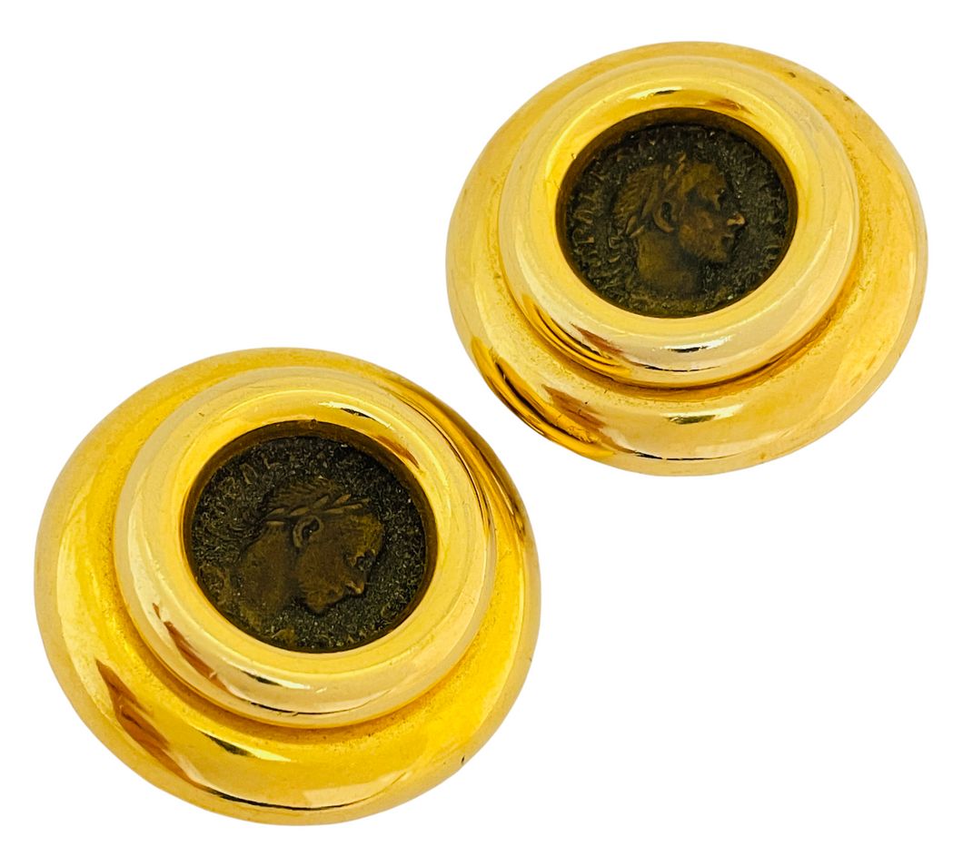 Vintage gold coin designer runway clip on earrings