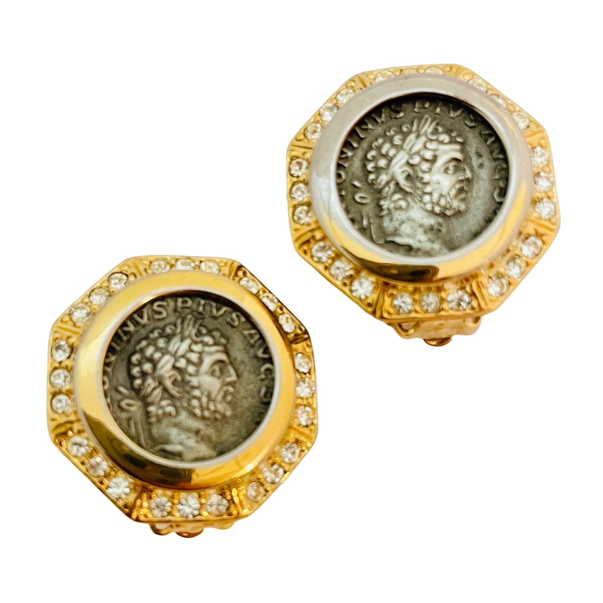 Vintage Carolee Gold Silver Coin Rhinestone Designer Runway Clip on Earrings