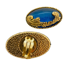 Load image into Gallery viewer, Vintage gold sapphire blue resin designer runway clip on earrings
