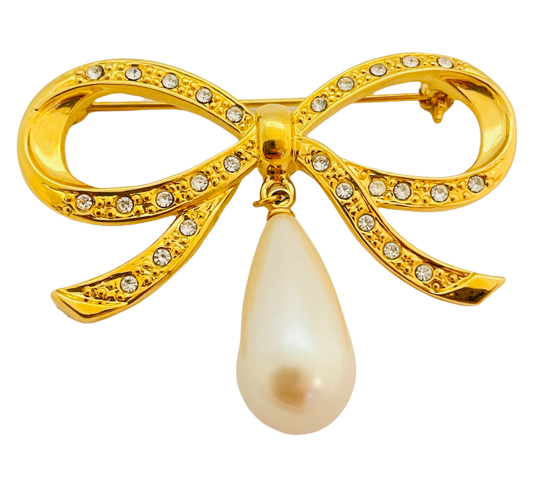 Vintage MONET bow gold dangle pearl designer runway brooch