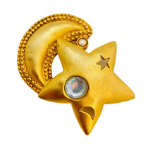 Load image into Gallery viewer, Vintage matte gold moon star rhinestone designer runway brooch
