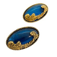 Load image into Gallery viewer, Vintage gold sapphire blue resin designer runway clip on earrings
