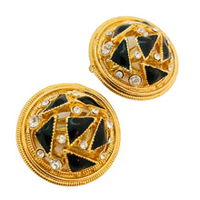 Load image into Gallery viewer, Vintage gold enamel rhinestone designer runway clip on earrings
