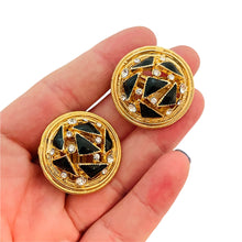 Load image into Gallery viewer, Vintage gold enamel rhinestone designer runway clip on earrings
