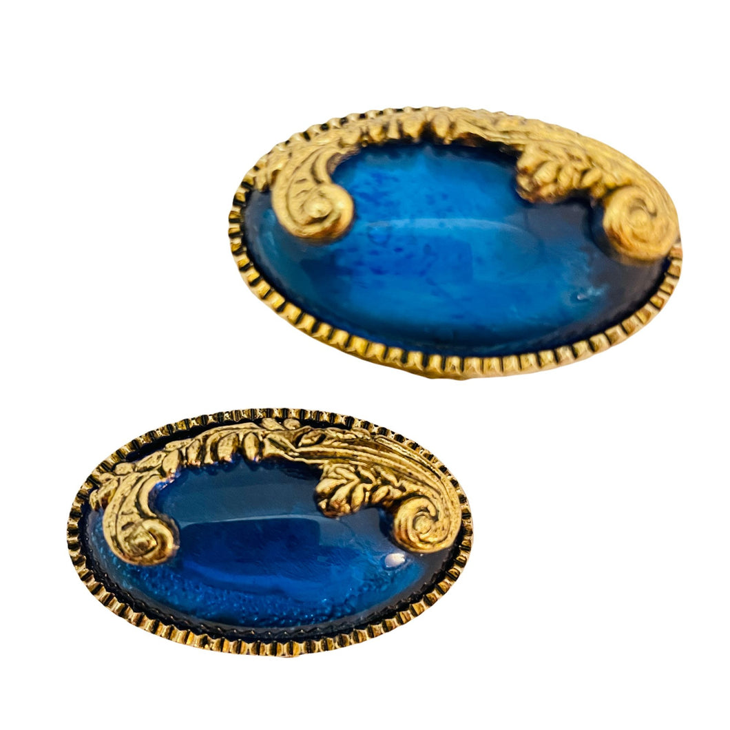 Vintage gold sapphire blue resin designer runway clip on earrings