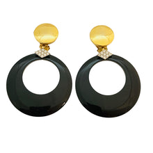 Load image into Gallery viewer, Vintage gold black rhinestone designer runway clip on earrings
