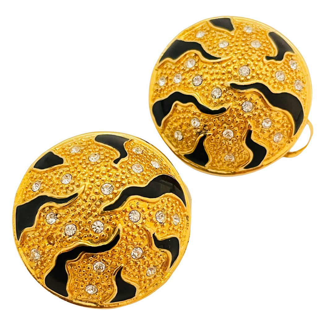 Vintage gold enamel rhinestone designer runway clip on earrings