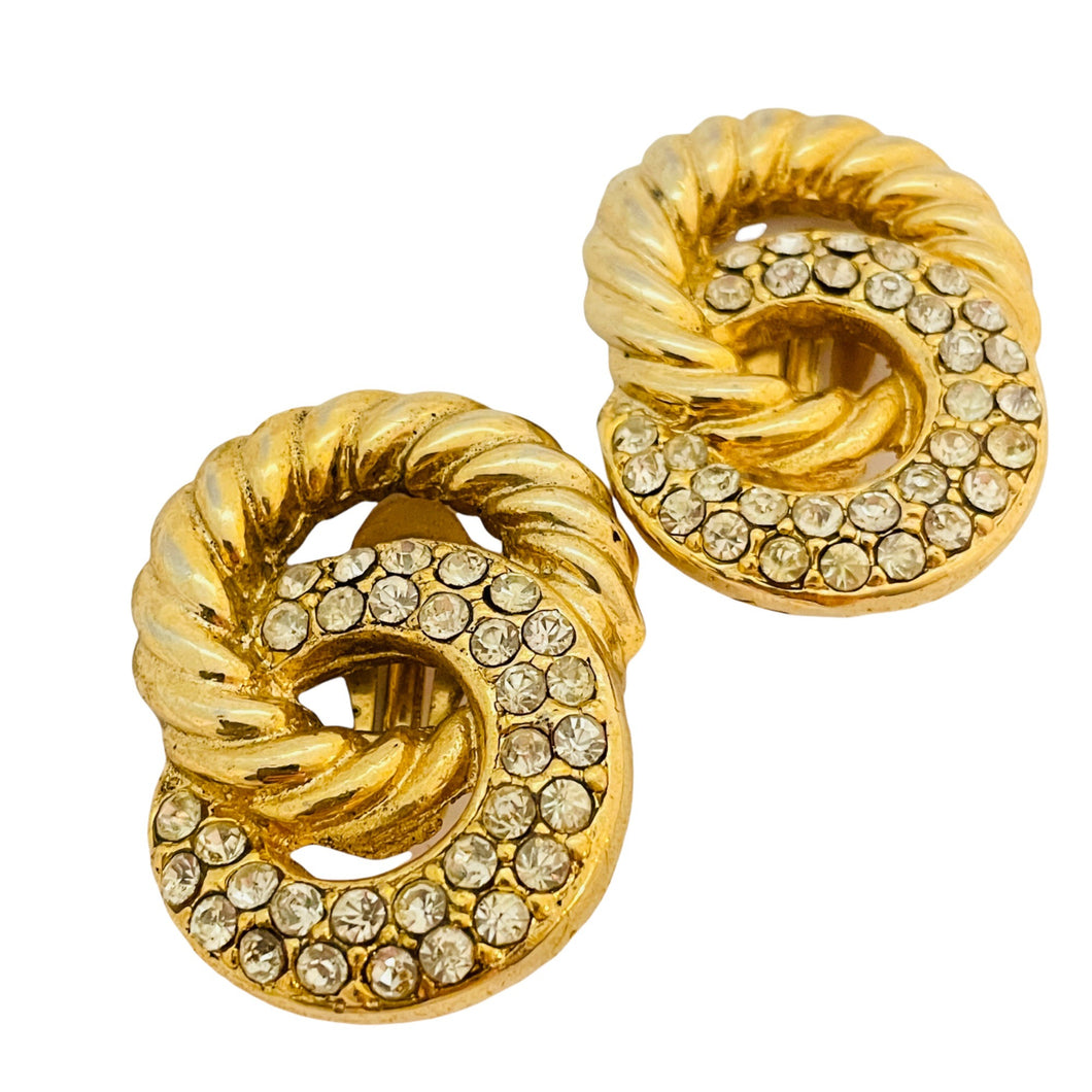 Vintage gold rhinestone chain link designer runway clip on earrings