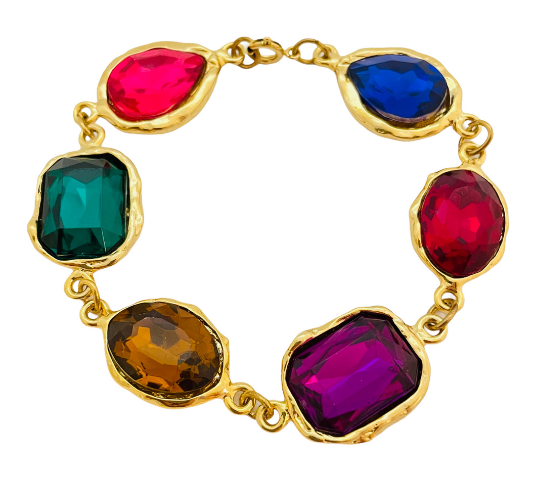 Vintage gold jewel colorful rhinestone link bracelet designer runway