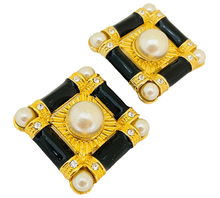 Load image into Gallery viewer, Vintage huge gold pearl enamel designer runway clip on earrings
