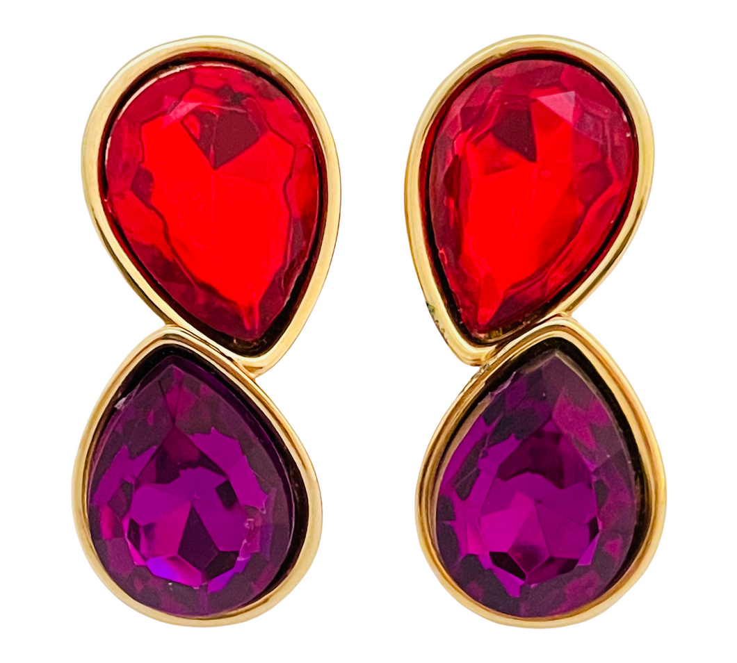 Vintage gold purple red rhinestone earrings