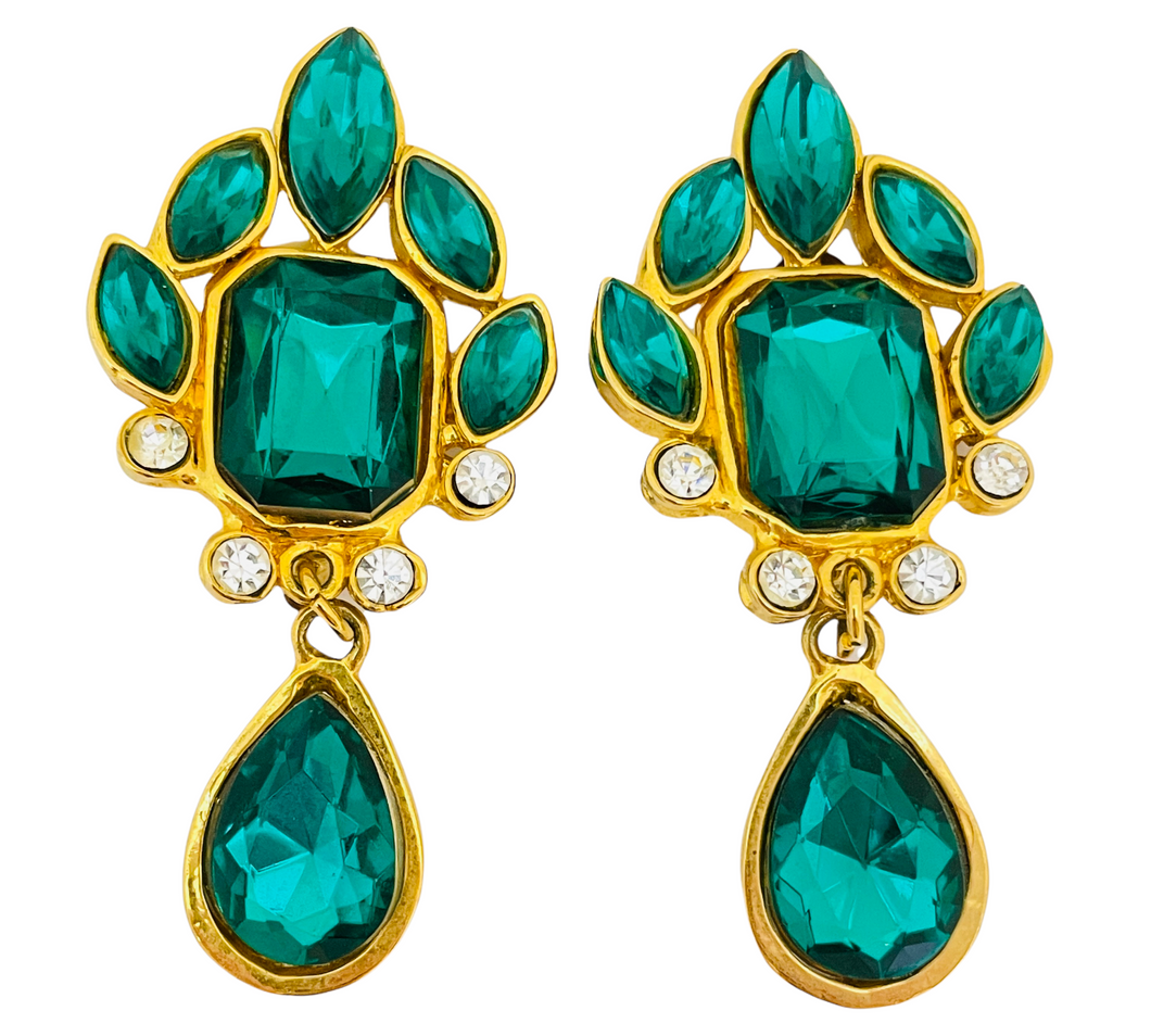 Vintage huge gold emerald rhinestone dangle designer runway clip on earrings