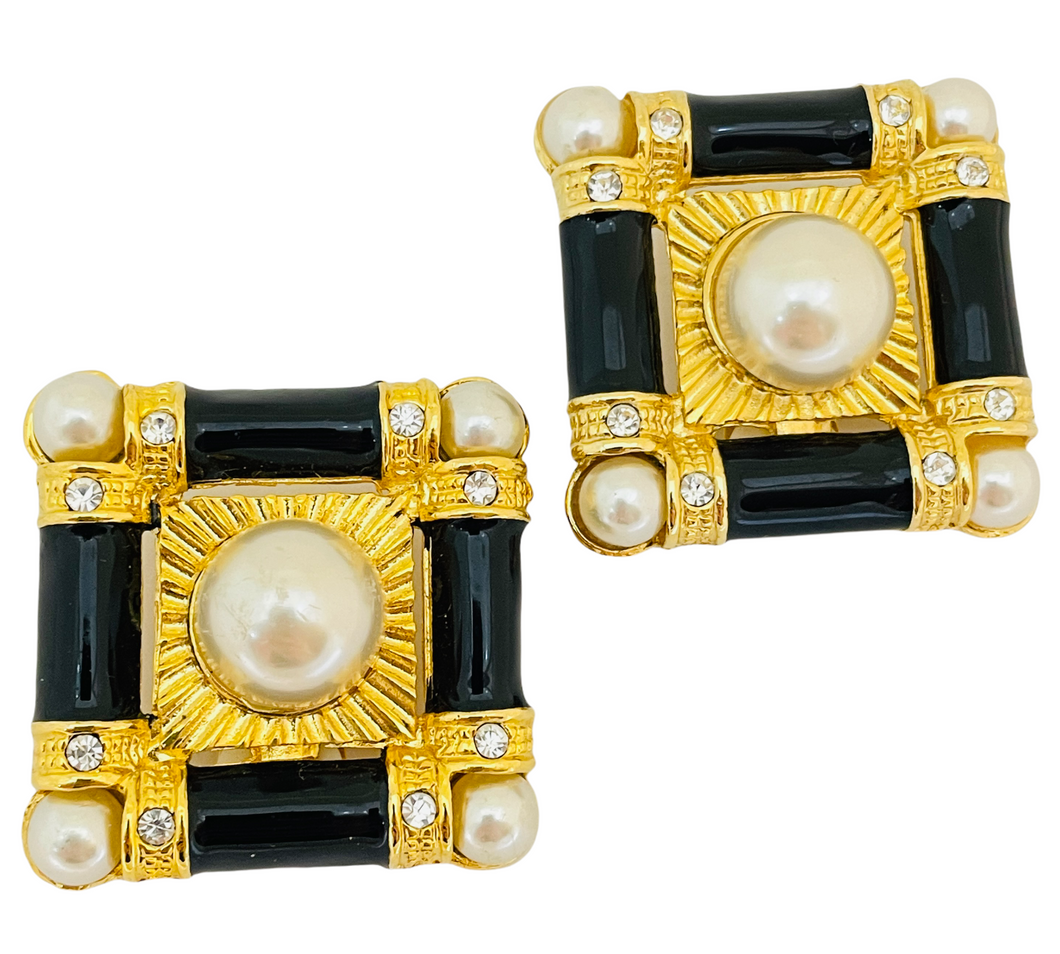 Vintage huge gold pearl enamel designer runway clip on earrings