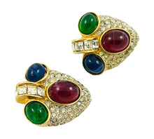 Load image into Gallery viewer, Vintage gold ruby sapphire emerald glass cabochon rhinestone designer runway clip on earrings

