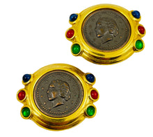 Load image into Gallery viewer, Vintage coin gold emerald ruby sapphire glass cabochon designer runway clip on earrings
