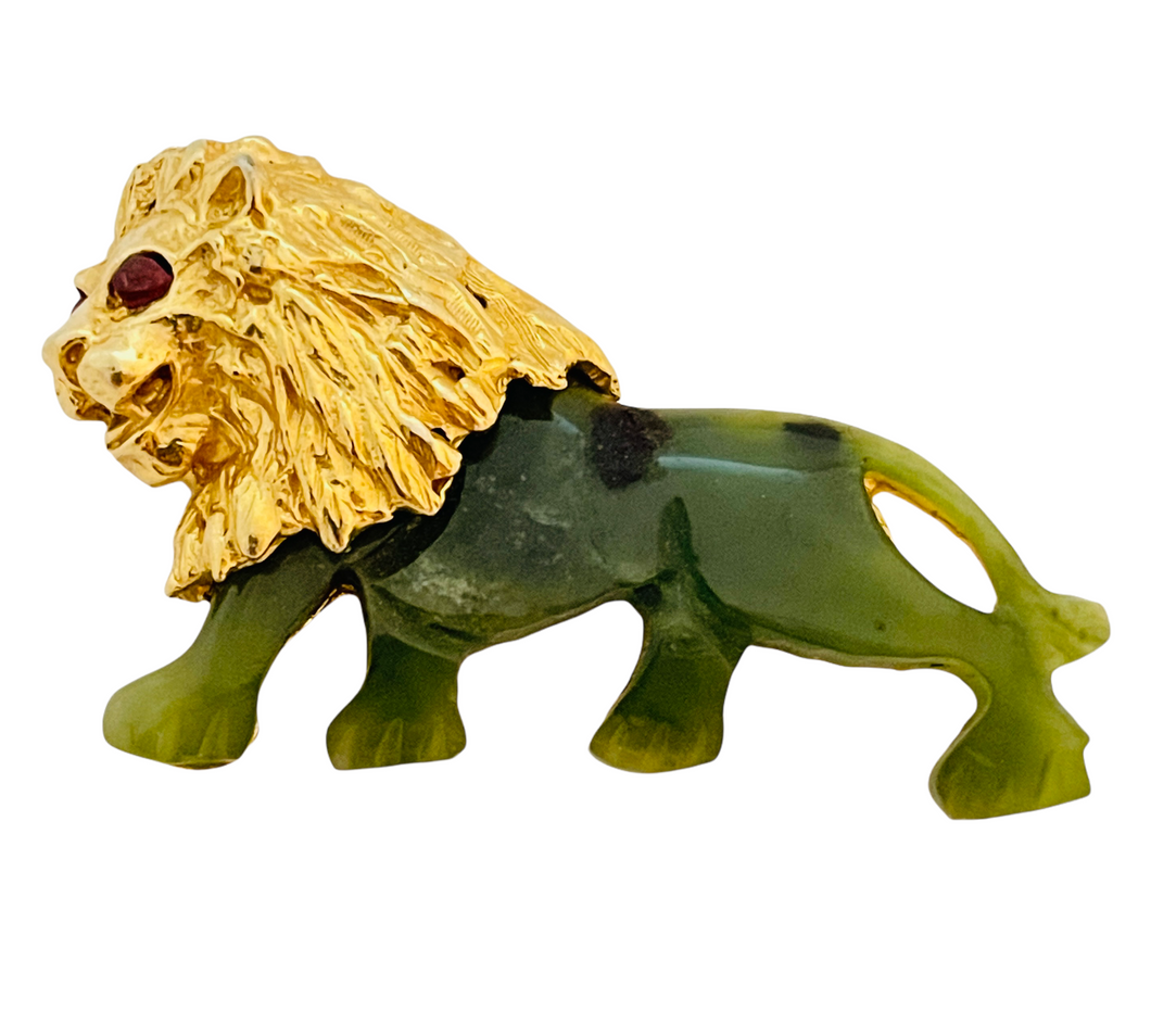 Vintage SWOBODA lion gold genuine green jade designer brooch