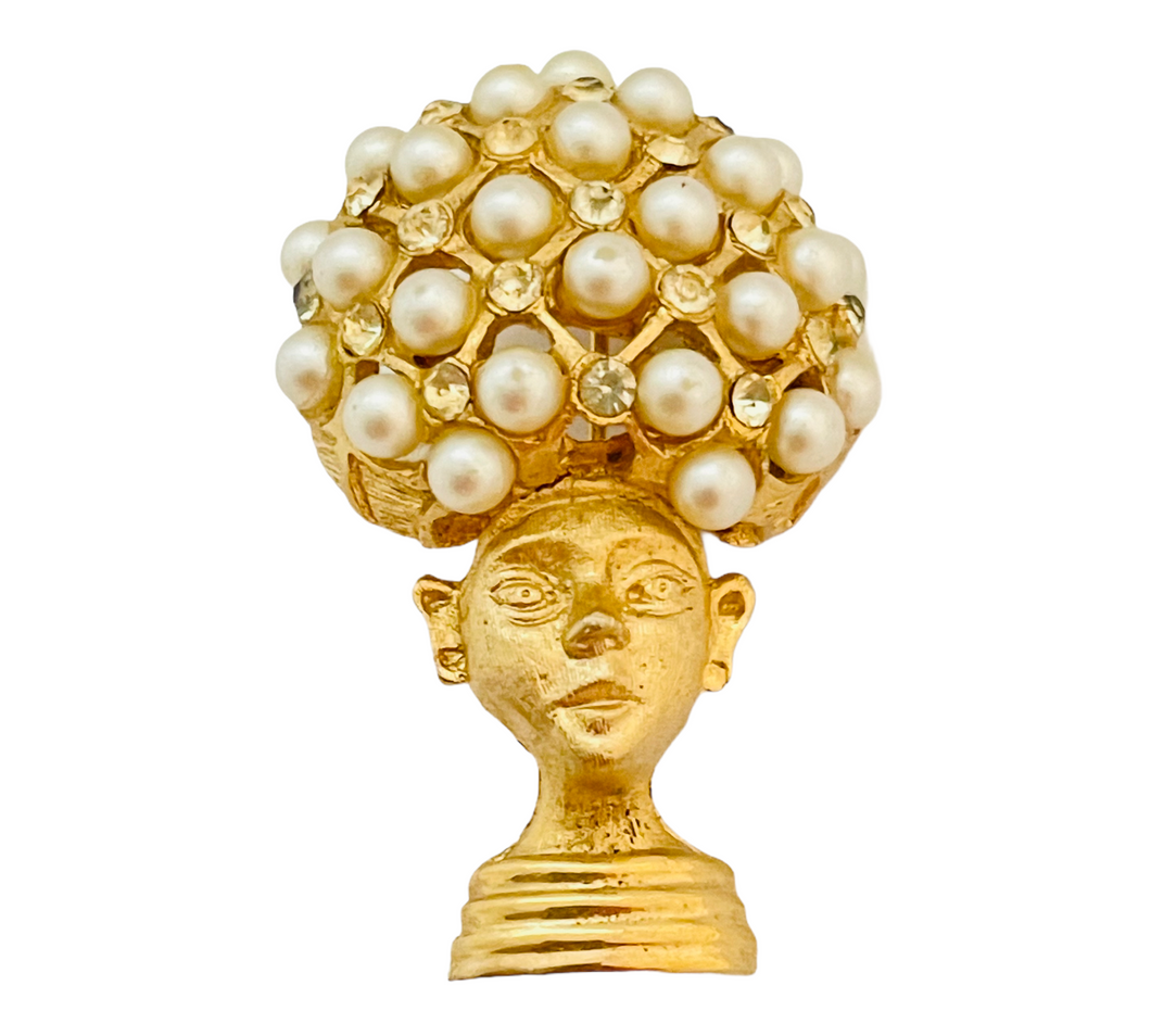 Vintage African lady pearl rhinestone brooch