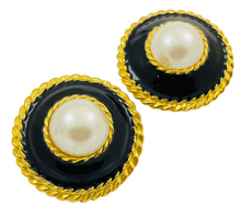 Load image into Gallery viewer, Vintage ANNE KLEINN huge gold black enamel pearl runway designer clip on earrings
