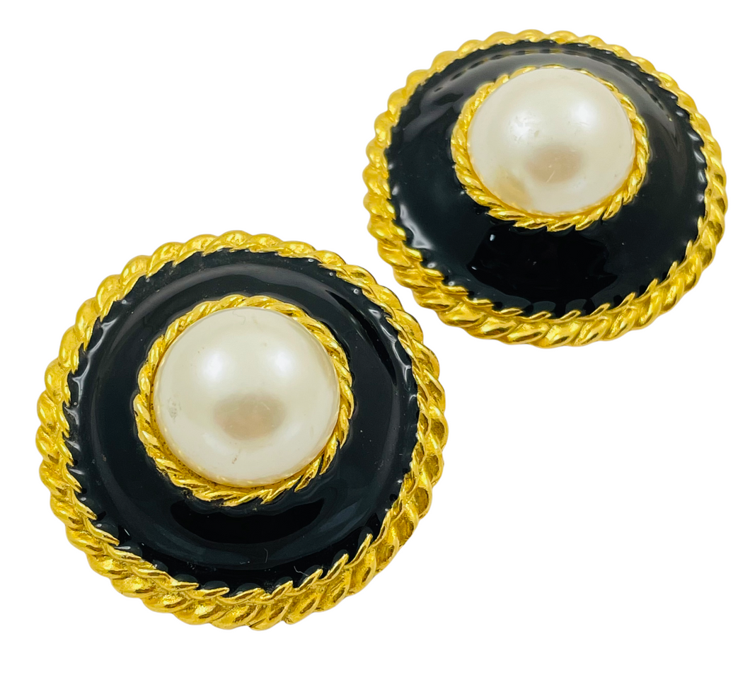 Vintage ANNE KLEINN huge gold black enamel pearl runway designer clip on earrings