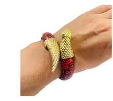 Load image into Gallery viewer, Vintage gold snake faux red black leather bangle bracelet
