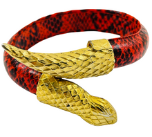 Load image into Gallery viewer, Vintage gold snake faux red black leather bangle bracelet
