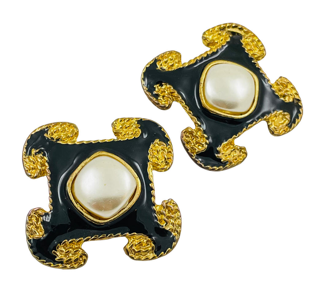 Vintage huge gold enamel pearl Maltese cross runway designer clip on earrings