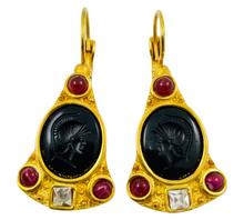Load image into Gallery viewer, Vintage intaglio matte gold glass ruby onyx Roman Centurion designer runway pierced earrings
