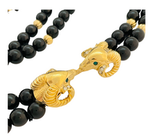 Load image into Gallery viewer, Vintage KJL for AVON gold black lucite rams head beaded designer runway necklace
