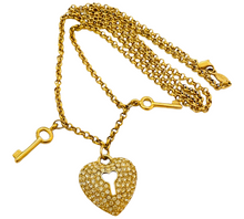 Load image into Gallery viewer, Vintage NAPIER signed gold heart pave crystal key lock chain designer runway necklace
